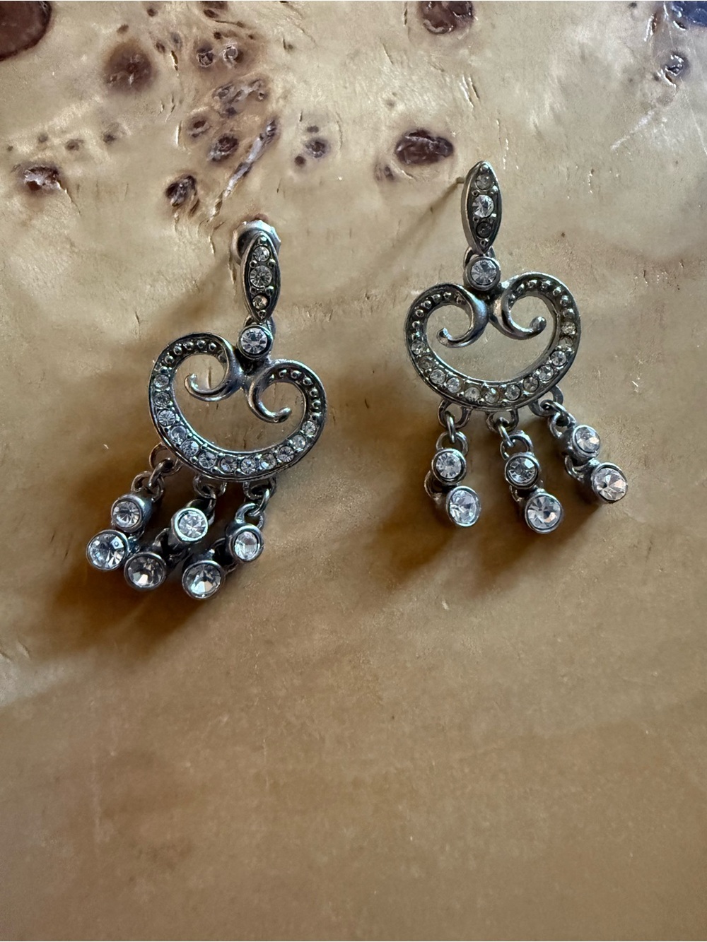 Vintage Silver-Tone Clear Crystal Scroll Dangle Earrings